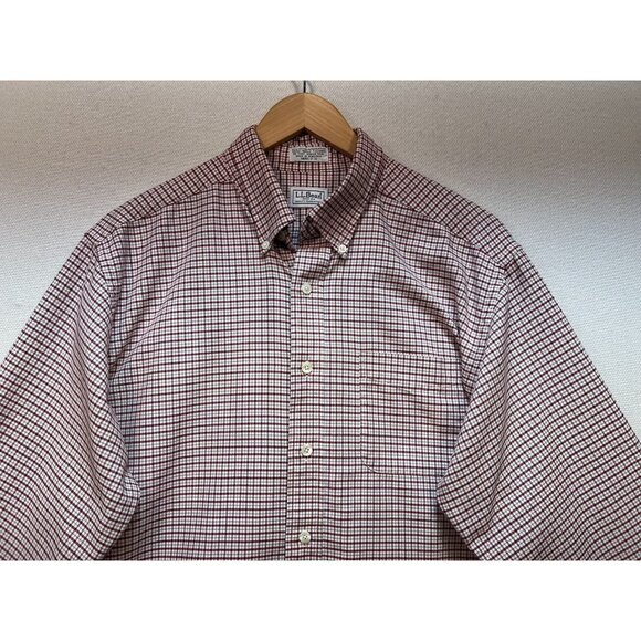 LL Bean Mens Button Down Shirt Long Sleeve Stretch Sz 17-33 Burgundy White Plaid - Picture 4 of 13